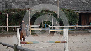 Horsewoman riding on brown horse and jumping the fence in sandy parkour riding arena. Competitive rider training jumping