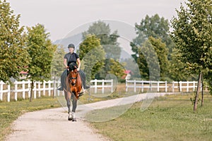 Horsewoman riding chestnut horse along the trail on a summer day