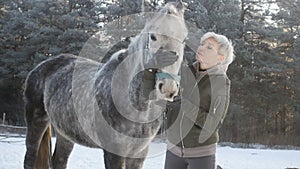 Horsewoman is touching up the bridle