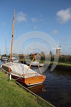 Horsey Windpump And Moored Boats, Norfolk, UK