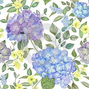 Hortensia flowers watercolor seamless pattern isolated on white. Hydrangea, Forget Me Not, Oxalis spring bouquet. Romantic floral