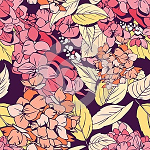 Hortensia (Hydrangea) seamless pattern, bright