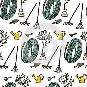 Horticulture and gardening seamless pattern with doodle style hand drawn garden hose, watering can, seedling, gardening fork and