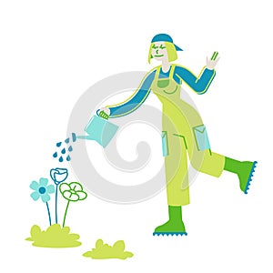 Horticulture, Olericulture Hobby Concept. Happy Girl Gardening at House yard or in Greenhouse Watering Plants from Can photo