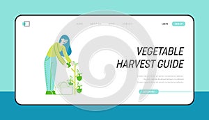 Horticulture and Olericulture Hobby Landing Page Template. Girl Gardening in Greenhouse or Garden Harvesting Bell Pepper photo