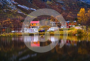 Horzontal vivid autumn Norway camping reflection background back