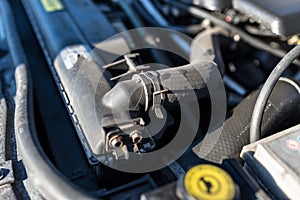 Hose connecting the car radiator with the engine, In the background the engine compartment.