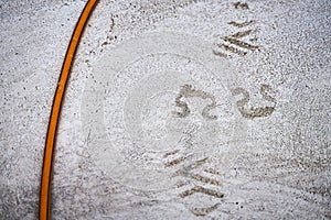 Hosepipe and footprints over new concrete