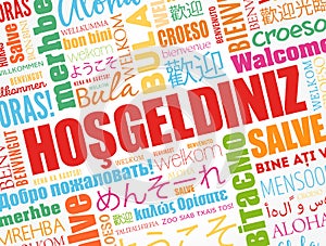 Hosgeldiniz (Welcome in Turkish) word cloud in different languages, conceptual background