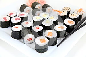Hosomaki sushi set on white plate. Traditional japanese sushi rolls