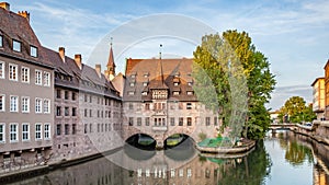 Hospice of the Holy Spirit and Pegnitz river in Nuremberg