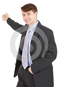 Hospitable businessman in a business suit