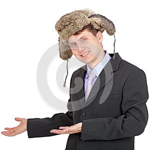 Hospitable russian businessman in fur hat