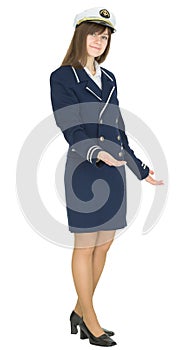 Hospitable woman in sailor suit isolated on white