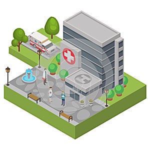 Hospital ambulance vector illustration isometric isolated. Hospital medical clinic center building, car, people doctor