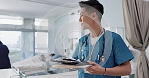 Hospital, Asian man or doctor with a tablet, thinking or connection with research, digital app or healthcare. Person