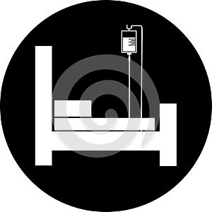 Hospital bed in black circle Icon . Intensive care unit icon. Resuscitation, rehabilitation, hospital ward. Medicine concept. Vect