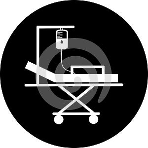 Hospital bed in black circle Icon . Intensive care unit icon. Resuscitation, rehabilitation, hospital ward. Medicine concept. Vect