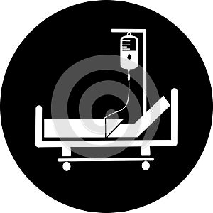 Hospital bed in black circle Icon . Intensive care unit icon. Resuscitation, rehabilitation, hospital ward. Medicine concept. Vect