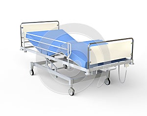 Hospital bed with blue bedding - right view