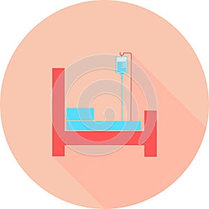 Hospital bed in circle with long shadows. Intensive care unit icon. Resuscitation, rehabilitation, hospital ward. Vector illustrat