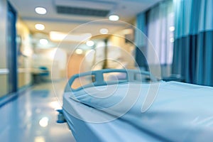 Hospital bed in emergency room blurred background. Abstract blurred medical clinic interior. by AI generated image