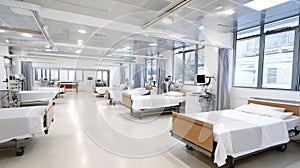 Hospital bed in an empty hospital room