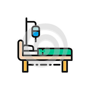 Hospital bed with medical equipments, intensive care flat color line icon.