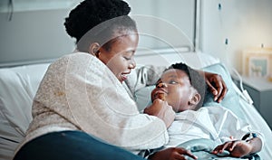 Hospital, bed and mother with girl for support or comfort for treatment of Respiratory syncytial virus. Black mom, kid