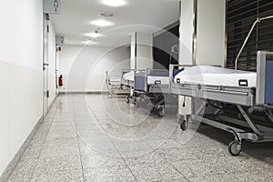 Hospital beds in the hallway