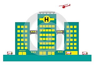 Hospital Building with Air and Land ambulances. Editable Clip Art.