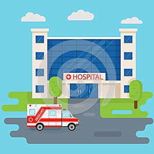 Hospital building and ambulance car in flat style. Medical concept. Medicine clinic frontage design