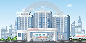 Hospital building with ambulance car and medical emergency chopper helicopter medical