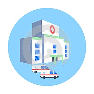 Hospital building and ambulance cars icon. Medical healthcare