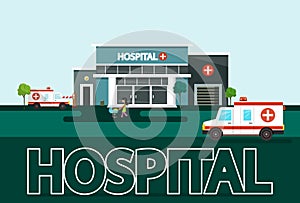 Hospital building exterior with ambulance cars and woman