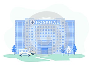 Hospital Building Facade with Emergency Ambulances