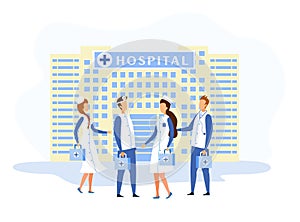 Hospital Building Facade and Medical Staff Cartoon