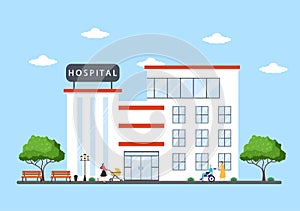 Hospital Building for Healthcare Background Vector Illustration with, Ambulance Car, Doctor, Patient, Nurses or Medical Exterior