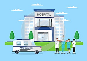 Hospital Building for Healthcare Background Vector Illustration with, Ambulance Car, Doctor, Patient, Nurses or Medical Exterior