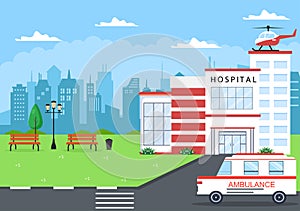 Hospital Building for Healthcare Background Vector Illustration with, Ambulance Car, Doctor, Patient, Nurses or Medical Exterior