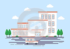 Hospital Building for Healthcare Background Vector Illustration with, Ambulance Car, Doctor, Patient, Nurses or Medical Exterior