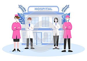 Hospital Building for Healthcare Background Vector Illustration with, Ambulance Car, Doctor, Patient, Nurses or Medical Exterior