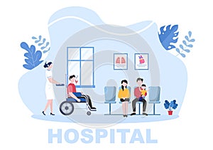 Hospital Building for Healthcare Background Vector Illustration with, Ambulance Car, Doctor, Patient, Nurses or Medical Exterior