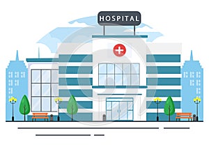 Hospital Building for Healthcare Background Vector Illustration with, Ambulance Car, Doctor, Patient, Nurses or Medical Exterior