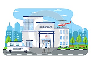 Hospital Building for Healthcare Background Vector Illustration with, Ambulance Car, Doctor, Patient, Nurses or Medical Exterior