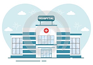 Hospital Building for Healthcare Background Vector Illustration with, Ambulance Car, Doctor, Patient, Nurses or Medical Exterior