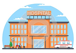 Hospital Building for Healthcare Background Vector Illustration with, Ambulance Car, Doctor, Patient, Nurses or Medical Exterior