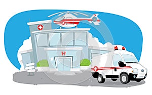 Hospital building with helicopter on its roof and a ambulance hurrying