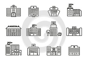 Hospital building icons set. Line Style stock vector.