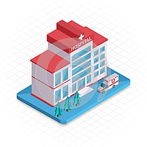 Hospital building. Isometric 3d pixel design icon